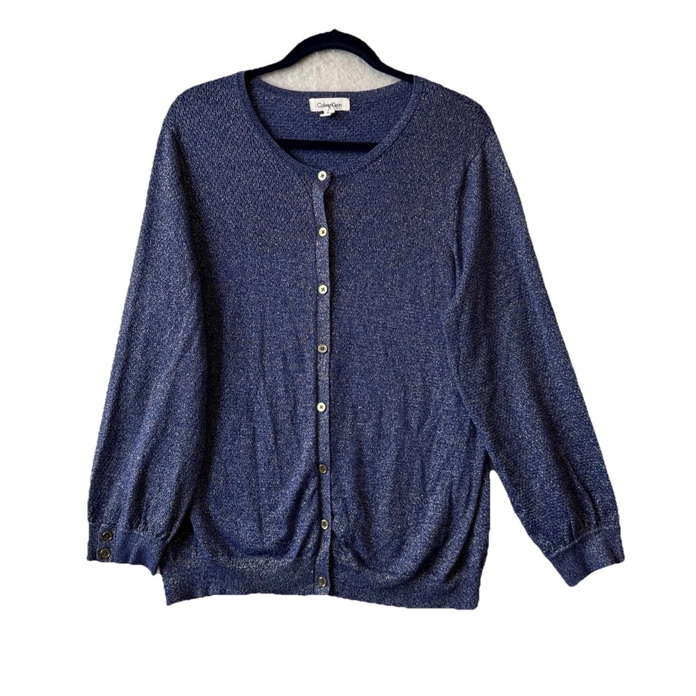 Calvin Klein‎ Blue Metallic Cardigan Sweater XL Edgy Glam Layering Indie Sleaze